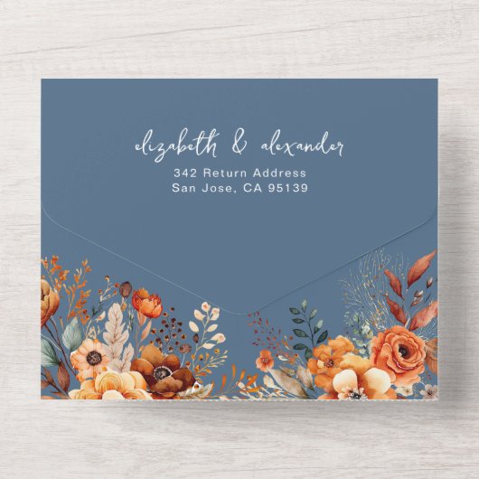 エレガントな秋の花のウェディング デリケートブルー オールインワン招待状 (裏面)