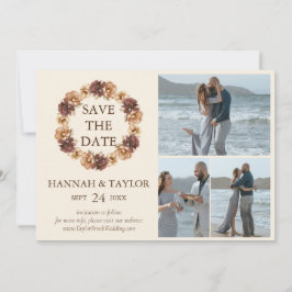 エレガントな秋の花のリース 3枚の写真のコラージュ セーブザデート