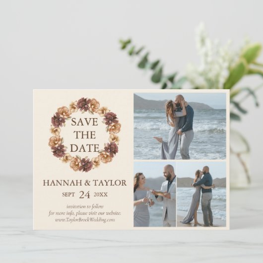 エレガントな秋の花のリース 3枚の写真のコラージュ セーブザデート (スタンド正面)