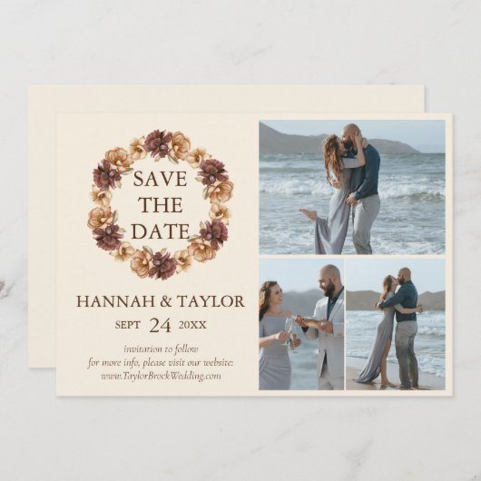 エレガントな秋の花のリース 3枚の写真のコラージュ セーブザデート (正面/裏面)