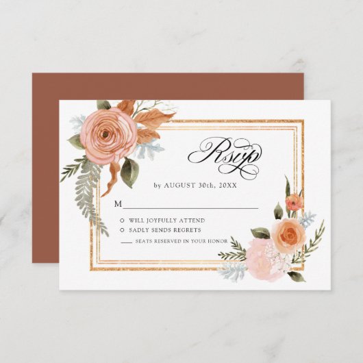 エレガントな秋の花モチーフ テラコッタ ブラッシュ フラワーズ ゴールド 出欠カード (正面/裏面)