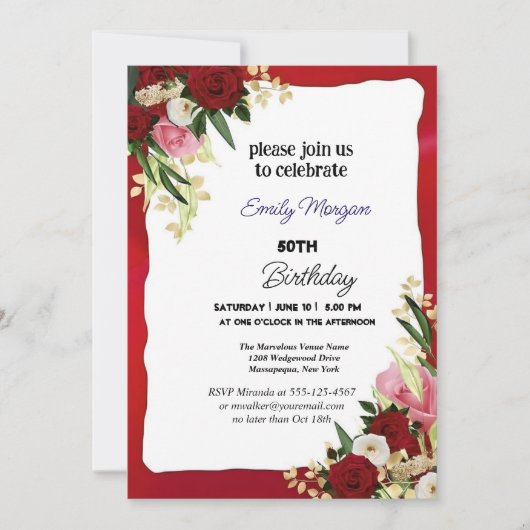 エレガントな秋の花 50歳の誕生日 招待状 (正面)