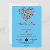 エレガントな秋の落ち葉 ハート ボヘミアンブルー 花のウェディング 招待状 (正面)