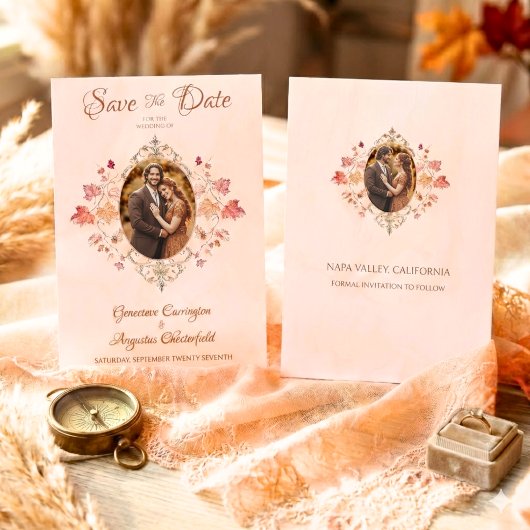 エレガントな秋の落ち葉 ヴィンテージ水彩2枚の写真 セーブザデート