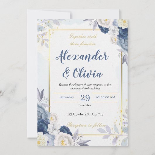 エレガントな秋の青と花のウェディング 招待状 (正面)