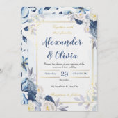 エレガントな秋の青と花のウェディング 招待状 (正面/裏面)