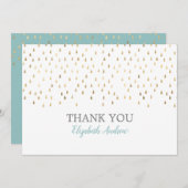 エレガントな空色及び金ゴールドの雨滴のベビーシャワー サンキューカード (正面/裏面)