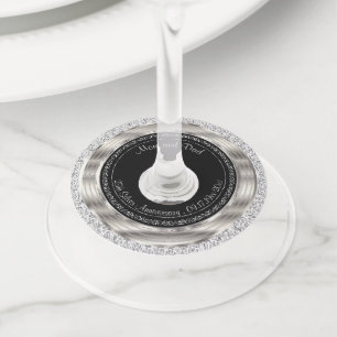 エレガントな第25銀製および黒い結婚記念日 ワイングラスタグ