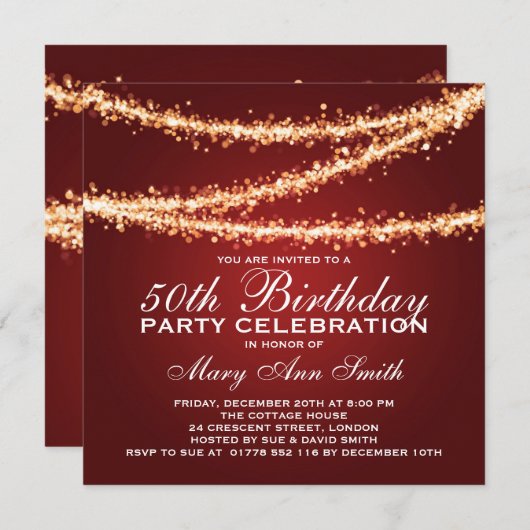 エレガントな第50誕生会の金ゴールドのひもは赤をつけます 招待状 (正面/裏面)
