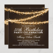 エレガントな第50誕生会の金ゴールドのひもライト 招待状 (正面/裏面)