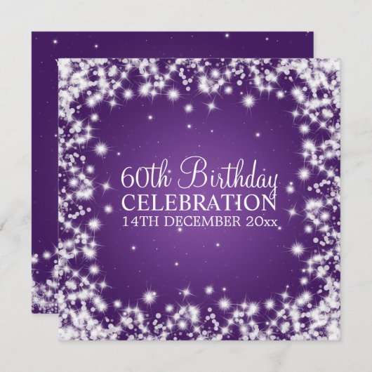 エレガントな第60誕生会の冬の輝きの紫色 招待状 (正面/裏面)