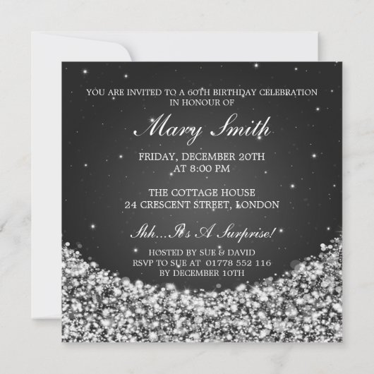 エレガントな第60誕生会の星の輝きの黒 招待状 (裏面)
