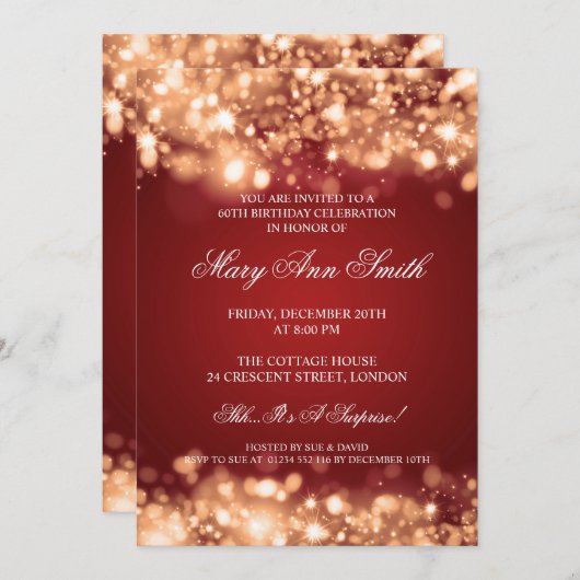 エレガントな第60誕生会の金ゴールドの光っているライト 招待状 (正面/裏面)