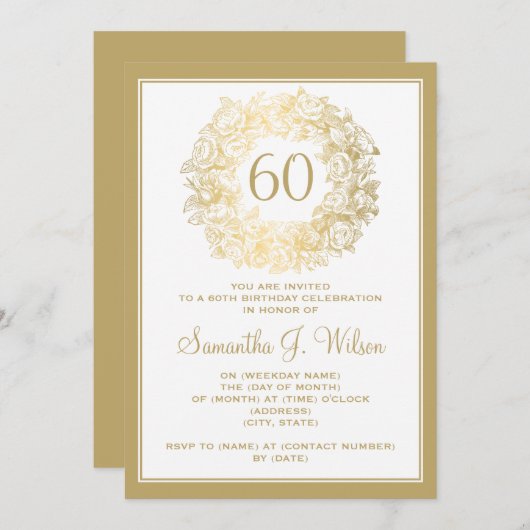 エレガントな第60誕生日のヴィンテージのバラの金ゴールド 招待状 (正面/裏面)