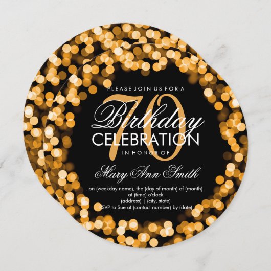 エレガントな第70誕生日きらめくなライト金ゴールド 招待状 (正面/裏面)