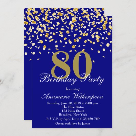 エレガントな第80誕生日の招待状の金ゴールドの紙吹雪 招待状 (正面/裏面)