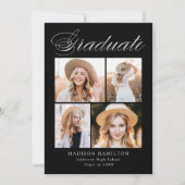エレガントな筆記体ブラック4枚写真卒業パーティー 招待状 (正面)