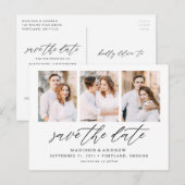 エレガントな筆記体3枚フォトコラージュSave the Date 案内ポストカード (正面/裏面)