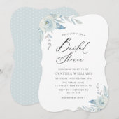 エレガントな筆記体 ダスティーブルーの花のブライダルシャワー 招待状 (正面/裏面)