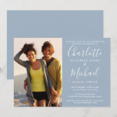 エレガントな筆記体 ダスティーブルー 写真 結婚発表パーティー 招待状 (正面/裏面)