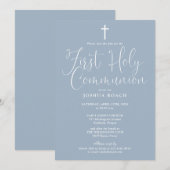 エレガントな筆記体 ダスティーブルー 初めての聖体拝領 セーブザデート (正面/裏面)