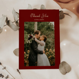 エレガントな筆記体 ワインレッド 結婚式 写真 サンキューカード