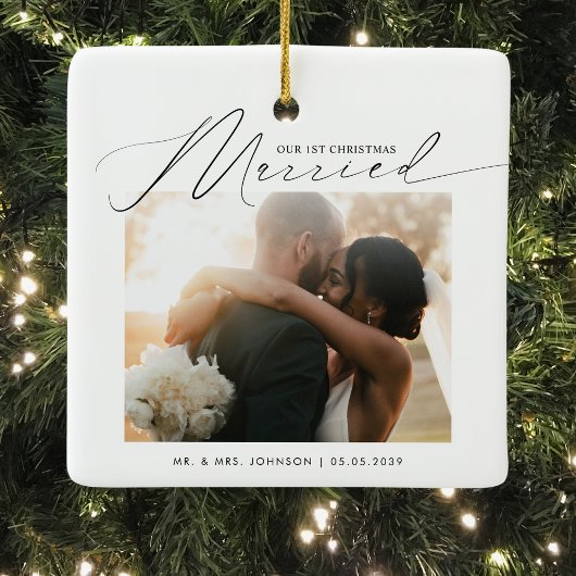 エレガントな筆記体 Married & Merry 新婚クリスマス セラミックオーナメント