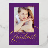 エレガントな箔スクリプトパープル卒業発表 箔招待状 (正面)