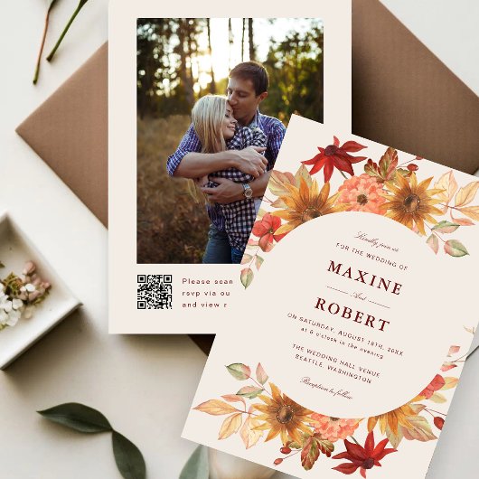 エレガントな紅葉と秋のQRコードフォトウェディング 招待状