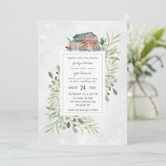 エレガントな納屋 | 水彩画の結婚式の招待状 (スタンド正面)