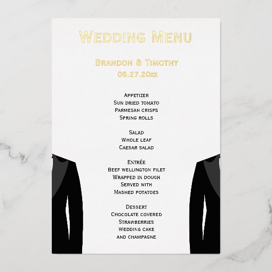 エレガントな純金箔同性婚メニューカード 箔招待状 (正面)