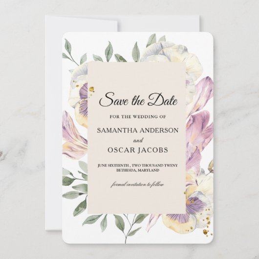 エレガントな紫とパンジーの水彩花フレーム セーブザデート (正面)