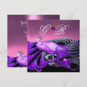 エレガントな紫とピンクの孔雀の結婚式モノグラム 招待状 (正面/裏面)