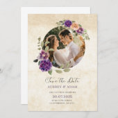 エレガントな紫と茶色のルスティック フラワー ウェディング 招待状 (正面/裏面)