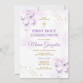 エレガントな紫と金のクロス 初聖体拝領 招待状 (正面)
