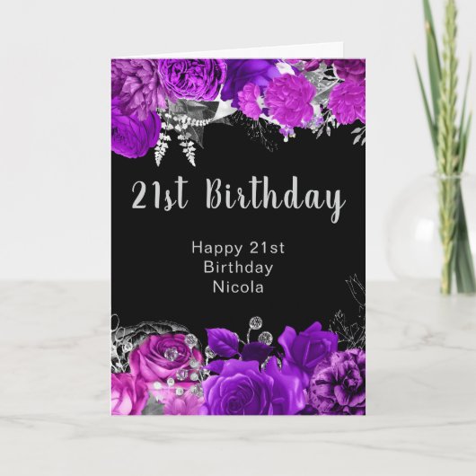 エレガントな紫と銀の花 誕生日 カード (正面)