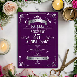 エレガントな紫と銀の25周年記念結婚式 箔招待状
