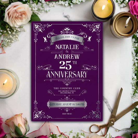エレガントな紫と銀の25周年記念結婚式 箔招待状