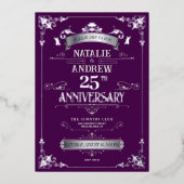 エレガントな紫と銀の25周年記念結婚式 箔招待状 (正面)