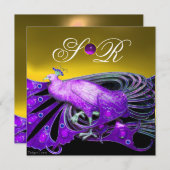エレガントな紫と黄色の結婚式のモノグラムのピーコック 招待状 (正面/裏面)