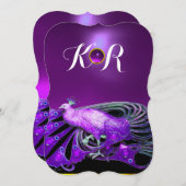 エレガントな紫と黒の結婚式のモノグラムのピーコック 招待状 (正面/裏面)