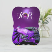 エレガントな紫と黒の結婚式のモノグラムのピーコック 招待状 (スタンド正面)