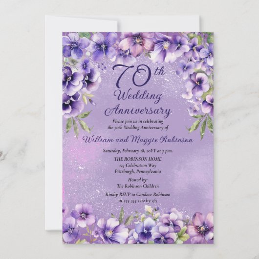 エレガントな紫のスミレ　70周年記念結婚式 招待状 (正面)