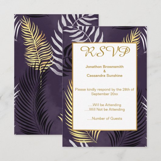 エレガントな紫のハワイアン フラワー RSVP 招待状 (正面/裏面)