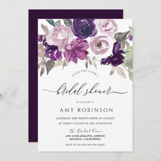 エレガントな紫の水彩花のブライダルシャワー 招待状 (正面/裏面)