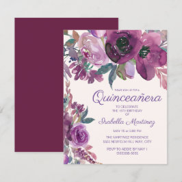 エレガントな紫の水彩花柄のKincaid(15歳の誕生日)パーティー 招待状