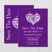 エレガントな紫の結婚式 Save the Date アナウンスメント、おしゃれなハートの装飾が美しい セーブザデート (正面/裏面)