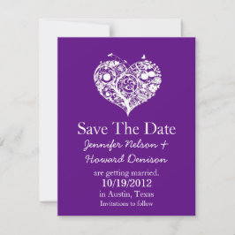 エレガントな紫の結婚式 Save the Date 発表、装飾的なハートのグラフィックが美しいフラワ セーブザデート