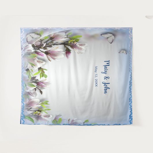 エレガントな紫の花と蝶のウェディングバックドロップ タペストリー (正面(横))