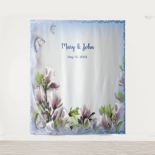 エレガントな紫の花と蝶のウェディングバックドロップ タペストリー (正面)